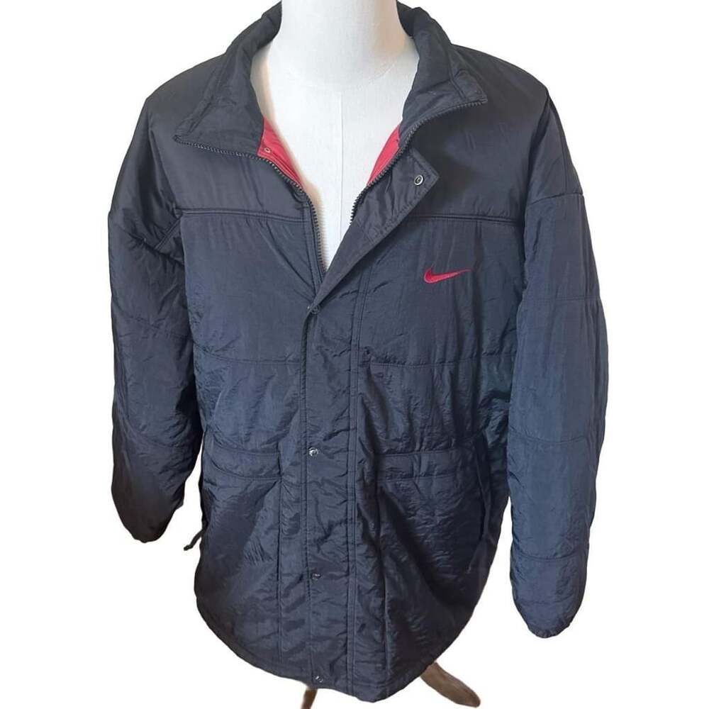 Nike Puffer Jacket Size XL Black Red Swoosh Vintage 90s Winter Parka Coat
